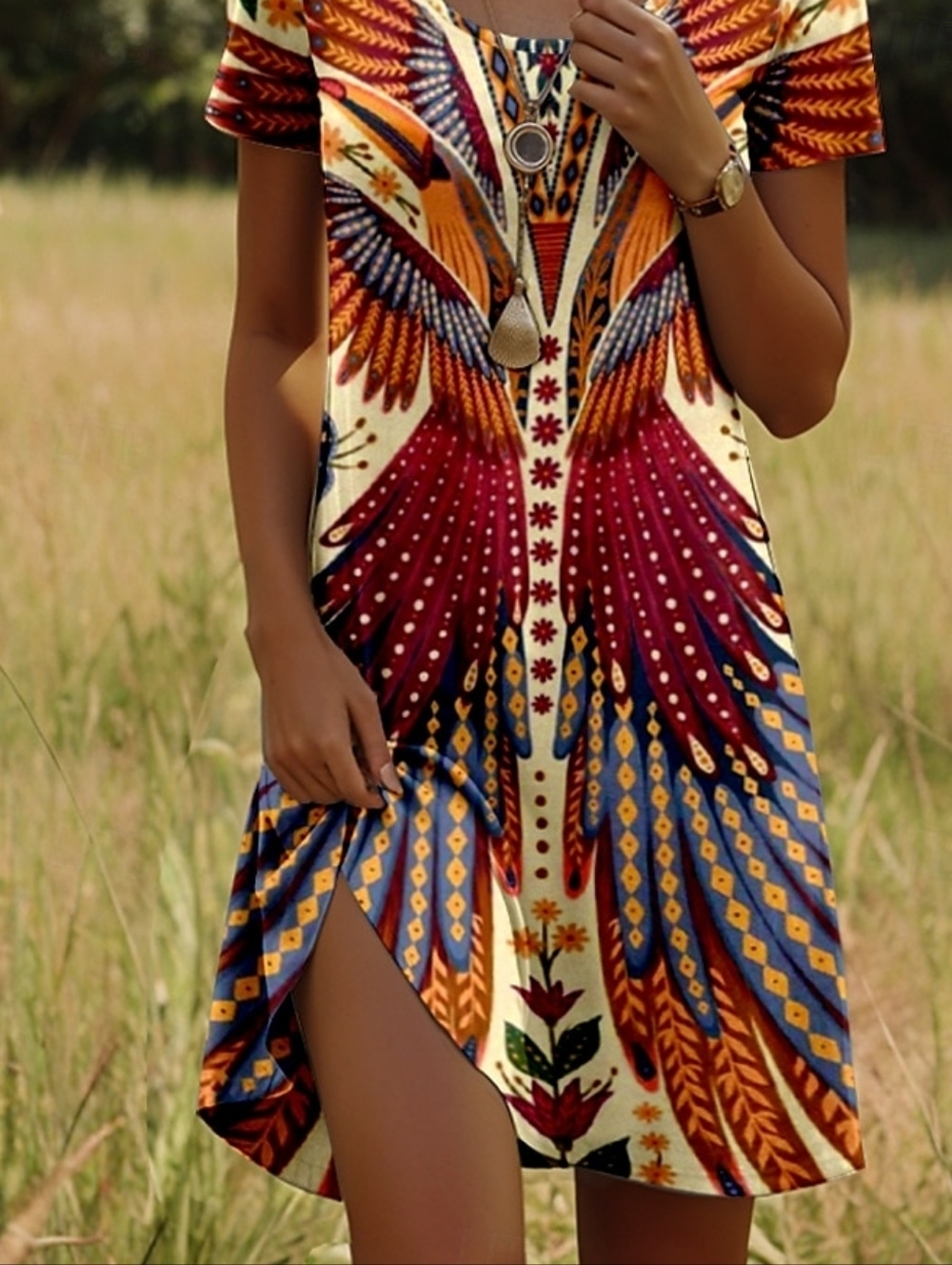 Boho Mini Dress in Burgundy, Blue & Cream